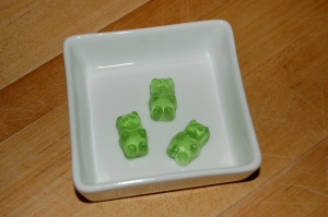 Cute but dangerous little gummi bears made with Lucid absinthe. I'd guess they're somewhere around 10-15% alcohol.